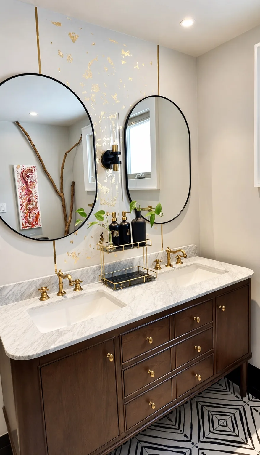 Finished double vanity with brass fixtures and decorative gold accents